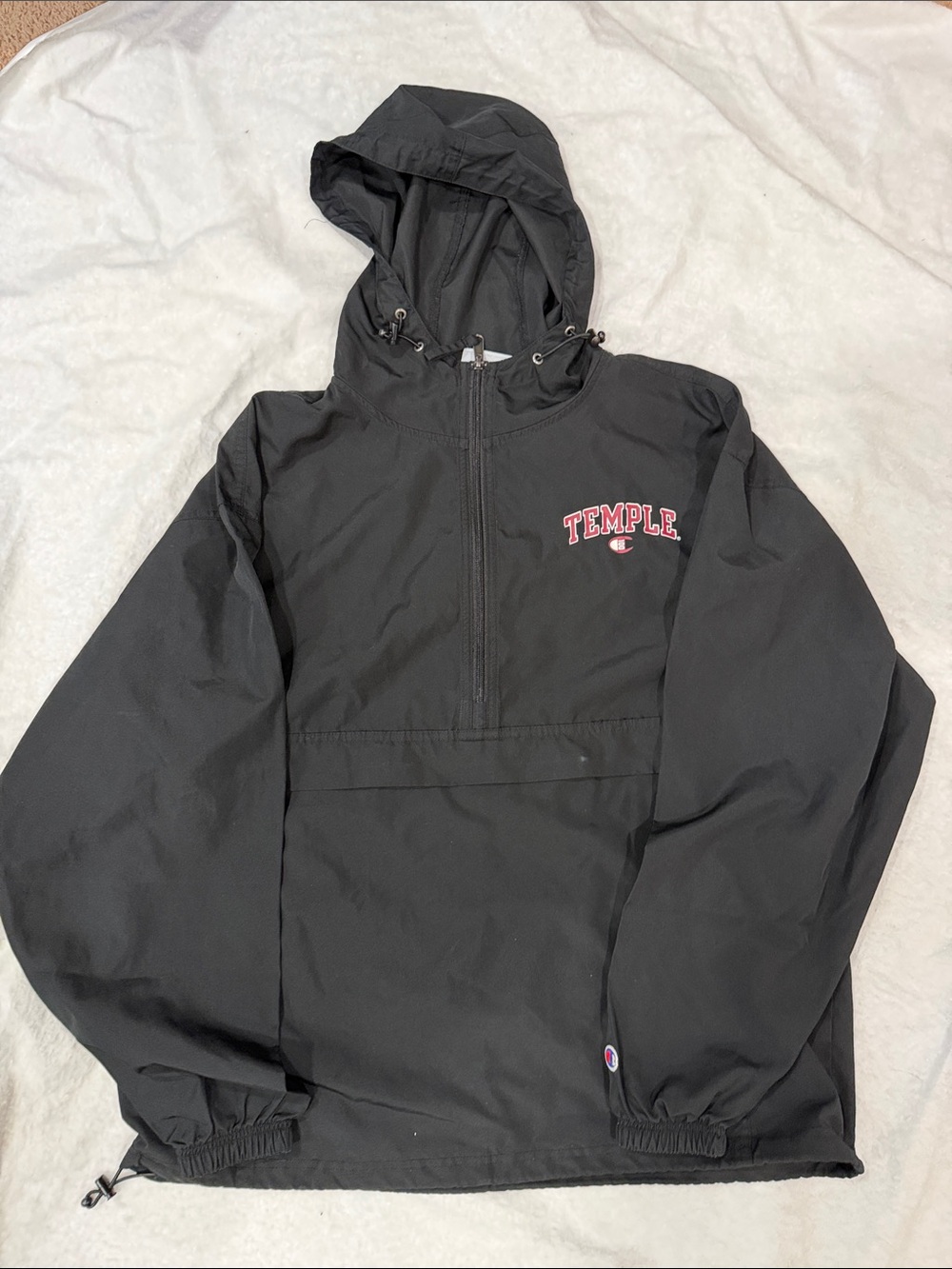 Temple University Champion Black Hooded Windbreaker with front zipper pocket